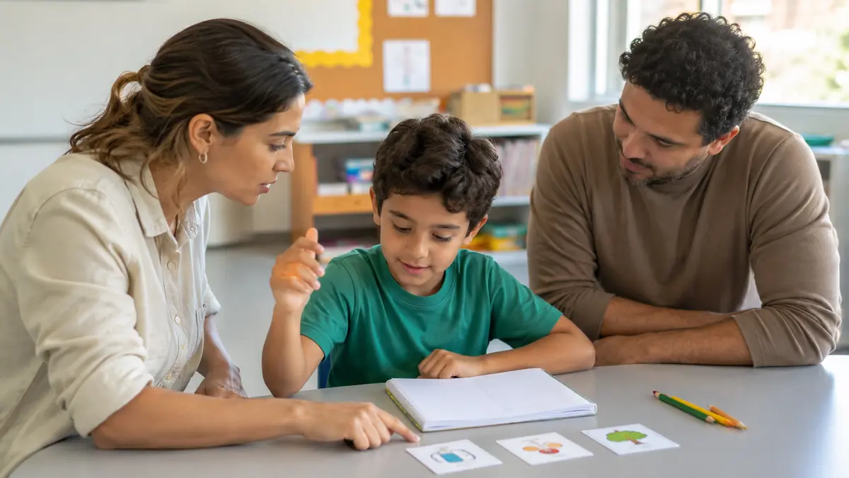 Família observando cartões educativos durante uma atividade com a criança