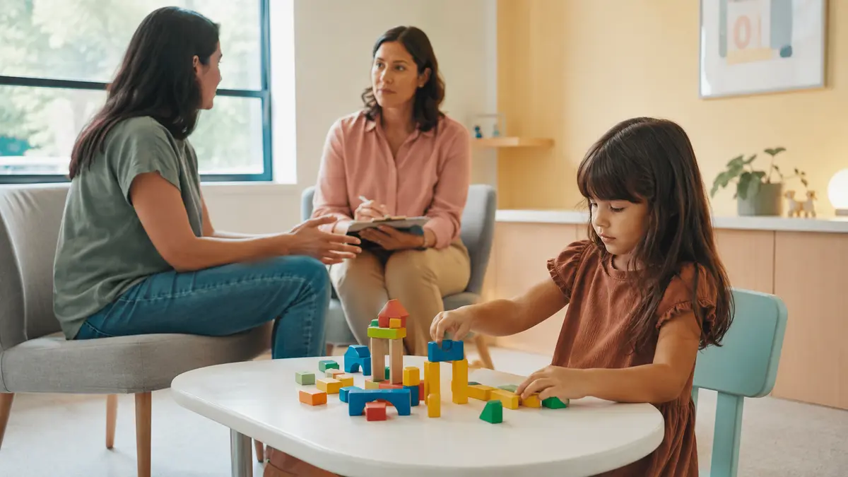 Criança brincando com blocos enquanto duas responsáveis conversam