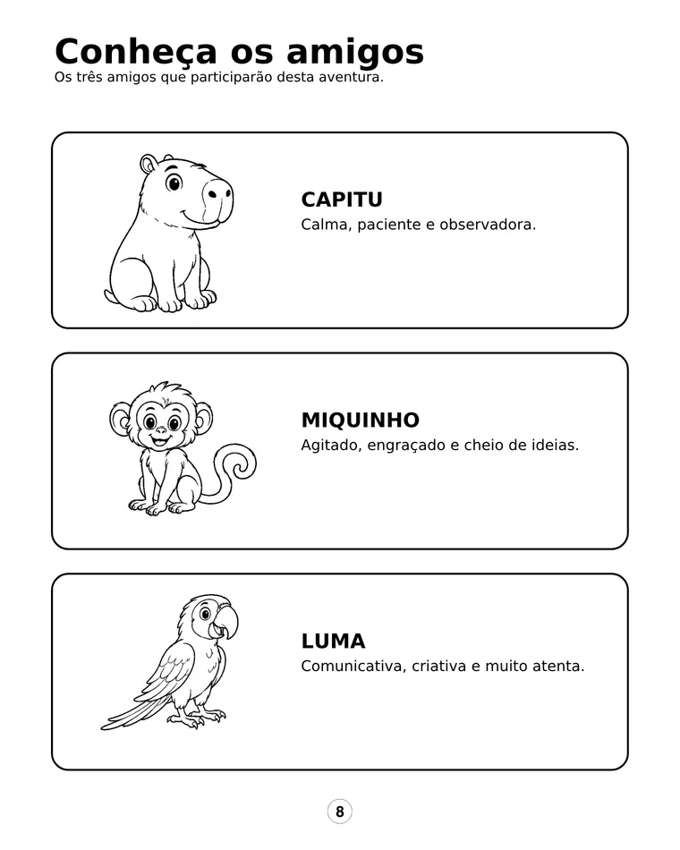 Página Conheça os amigos com Capitu, Miquinho e Luma