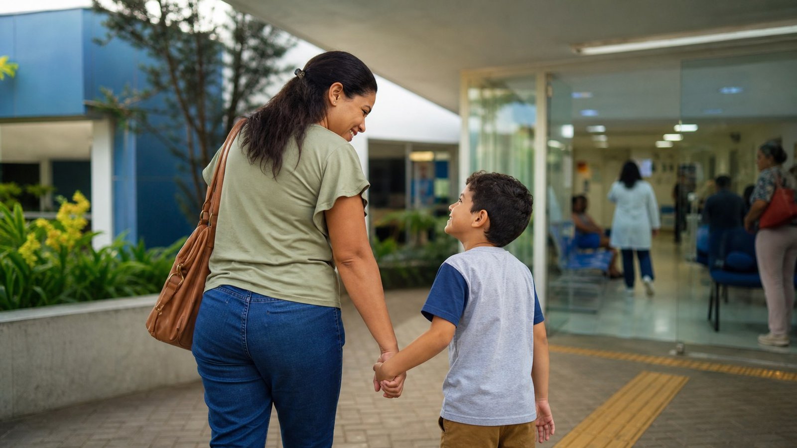 Família com criança chegando a uma unidade de saúde para buscar orientação sobre desenvolvimento infantil