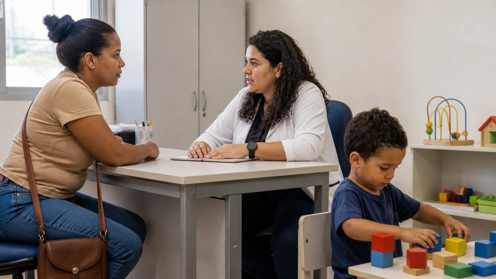 Responsável conversa com profissional de saúde enquanto a criança brinca em um consultório acolhedor