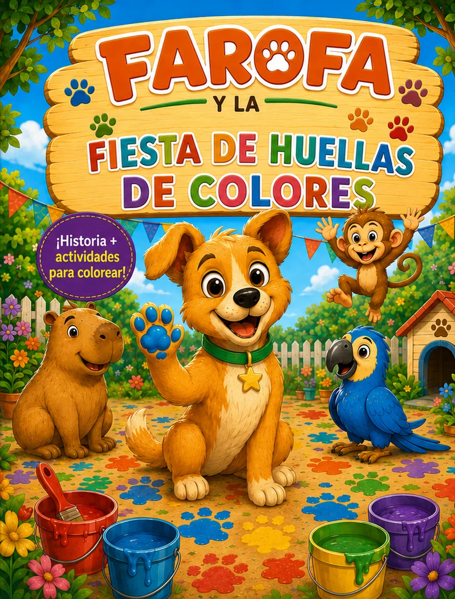 Portada en español de Farofa y la Fiesta de Huellas de Colores