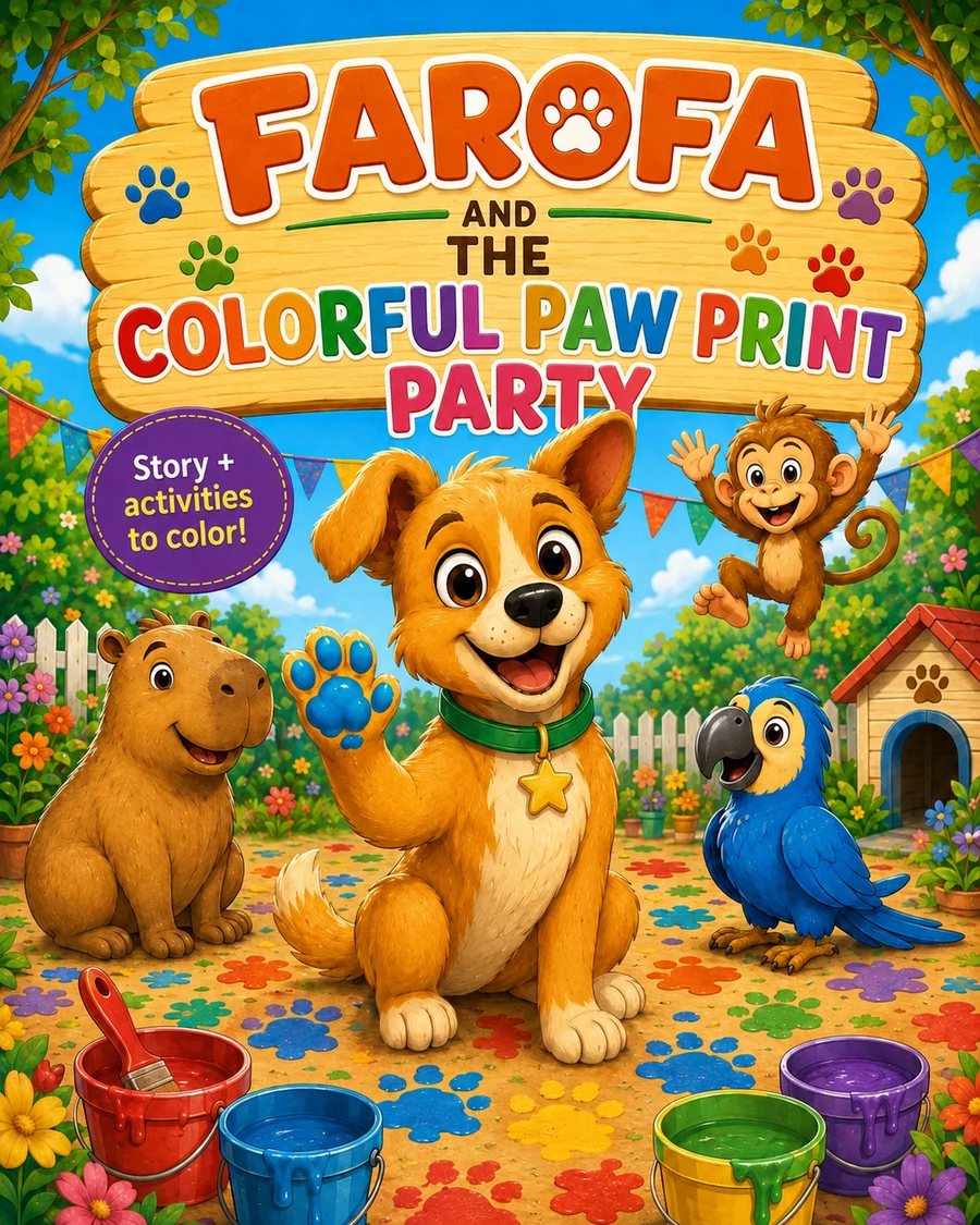 English cover of Farofa and the Colorful Paw Print Party