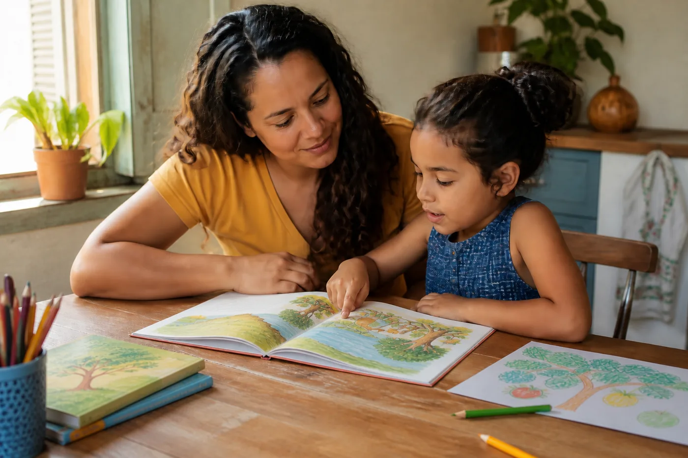 Mãe e criança explorando juntas um livro ilustrado em casa, com calma e participação