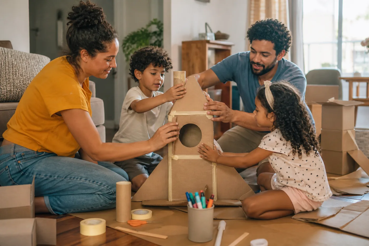 Família construindo em conjunto uma criação com caixas de papelão