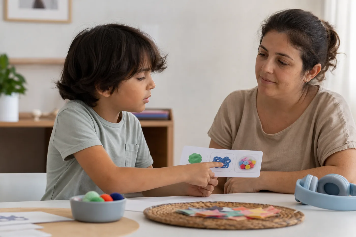 Responsável oferece escolhas visuais durante uma atividade sensorial acolhedora