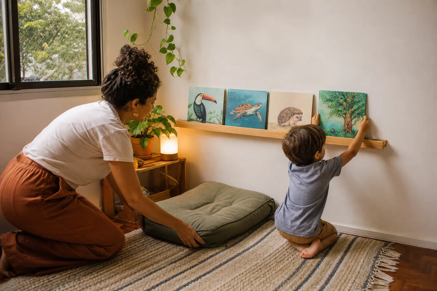 Responsável e criança montando um cantinho de leitura simples em casa