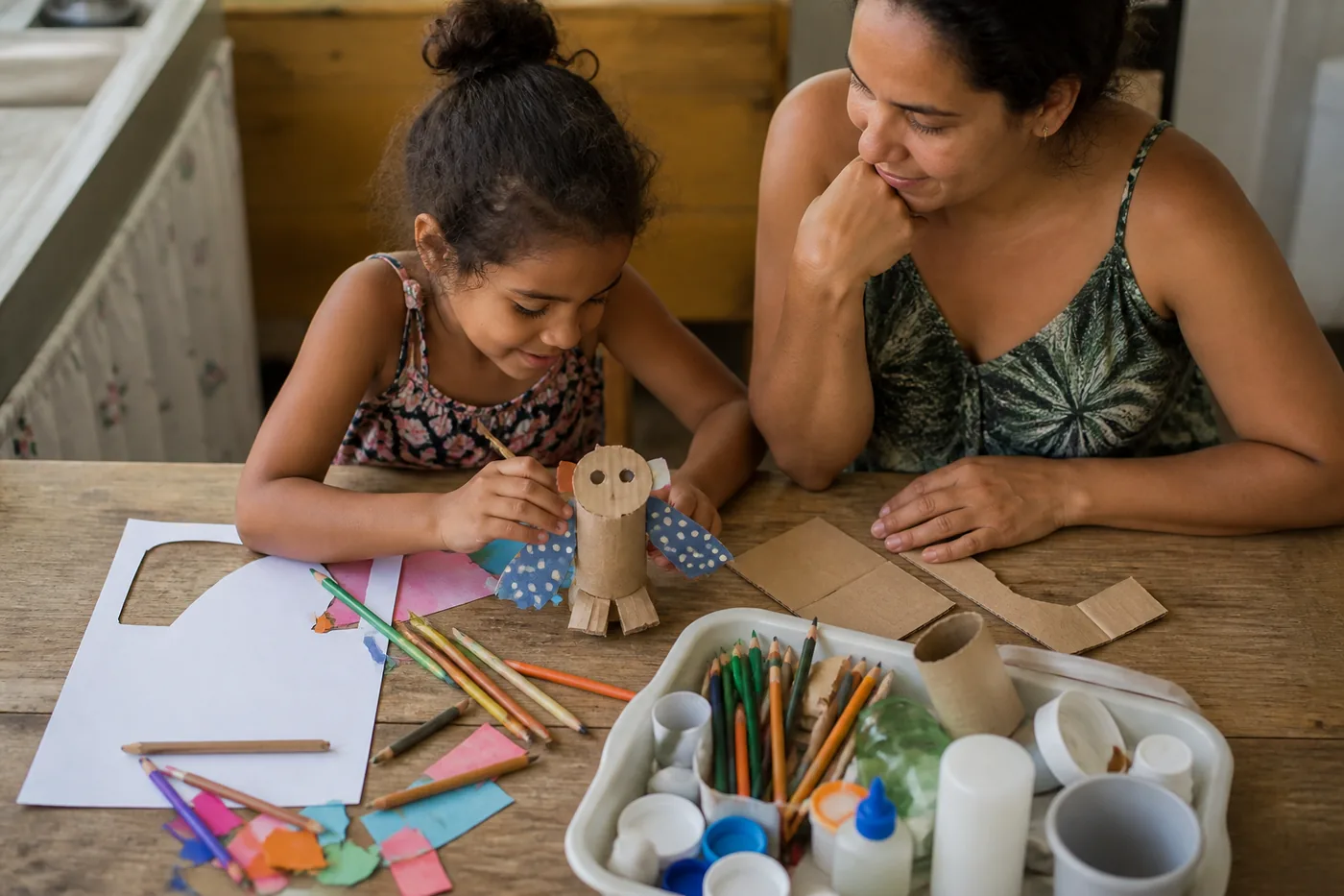 Responsável e criança criando um brinquedo com papel e materiais reciclados