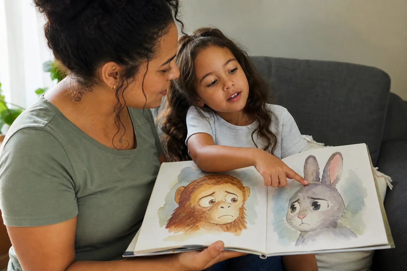 Responsável e criança conversando sobre emoções a partir de um livro ilustrado
