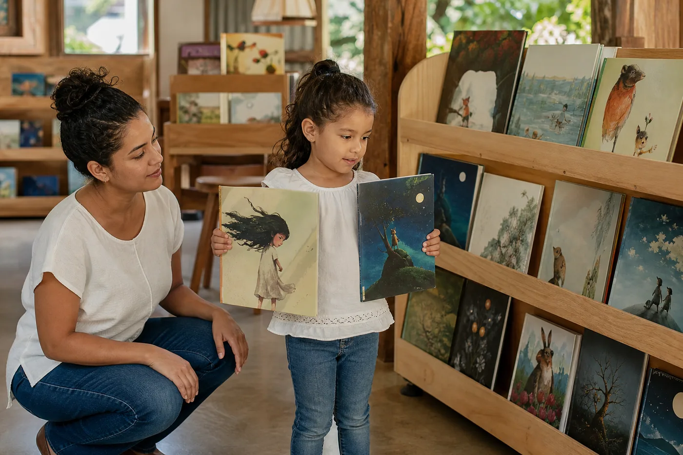 Criança escolhe entre livros ilustrados com o apoio de uma responsável