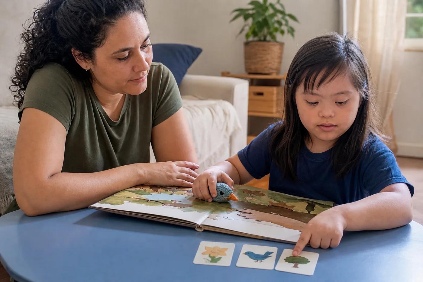 Criança participa da leitura apontando imagens e usando um objeto tátil