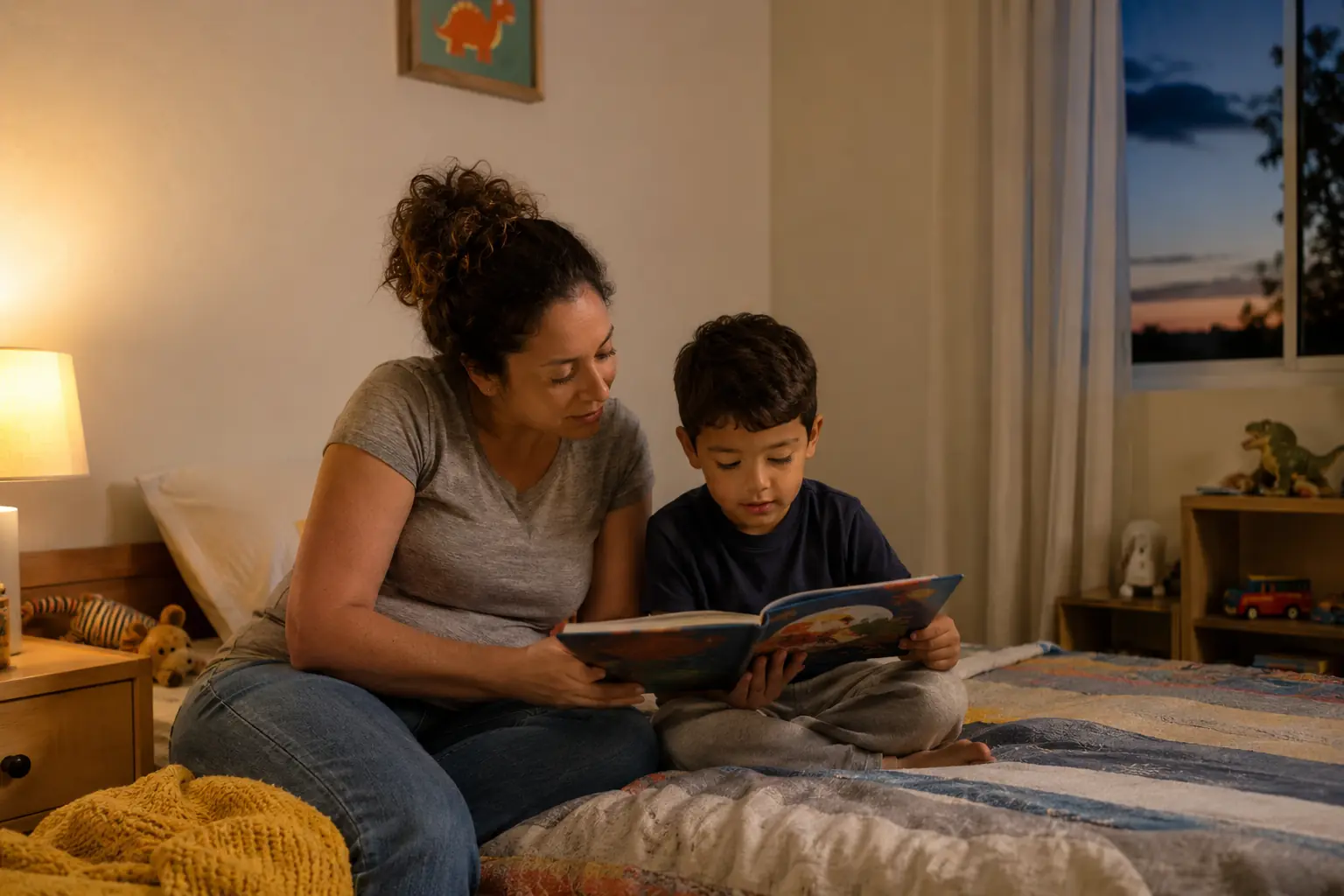 Responsável lê um livro ao lado de uma criança em um quarto com luz suave